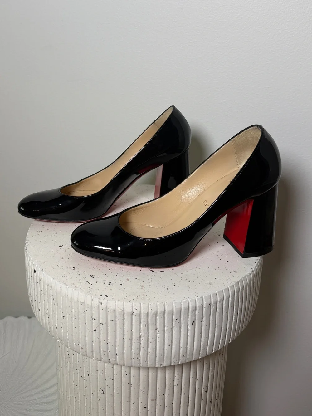 Christian Louboutin Black Patent Round Toe Block Heel Pumps with Red Sole - Picture 4 of 9